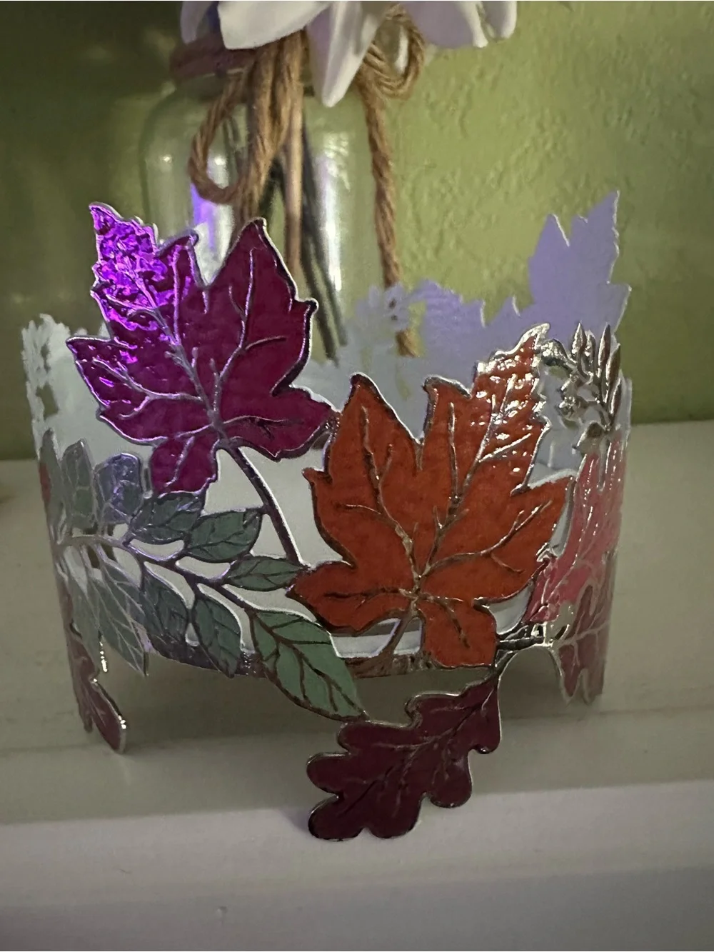 Decorative Fall Leaf  Candle Sleeve - Green, Red, Orange for 3 Wick